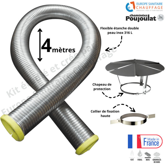 Kit tubage flexible double peau inox diamètre 180 + collier de fixation haute + chapeau Poujoulat - Longueur 4 mètres