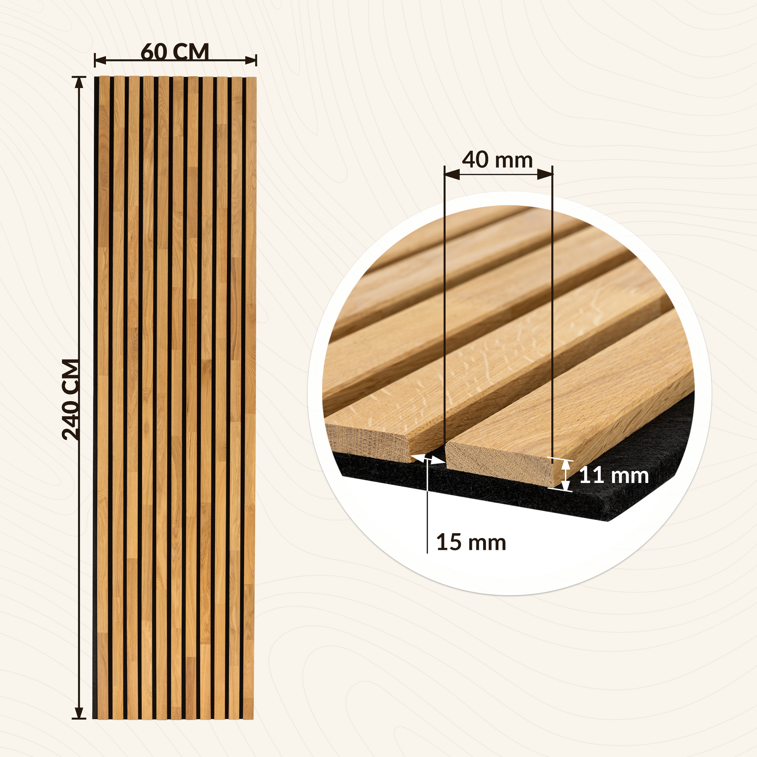 Panneau Tasseau Acoustique en Bois - Chêne Naturel - 2400x600mm - Lattes 40mm, Support en Feutre Noir - 2