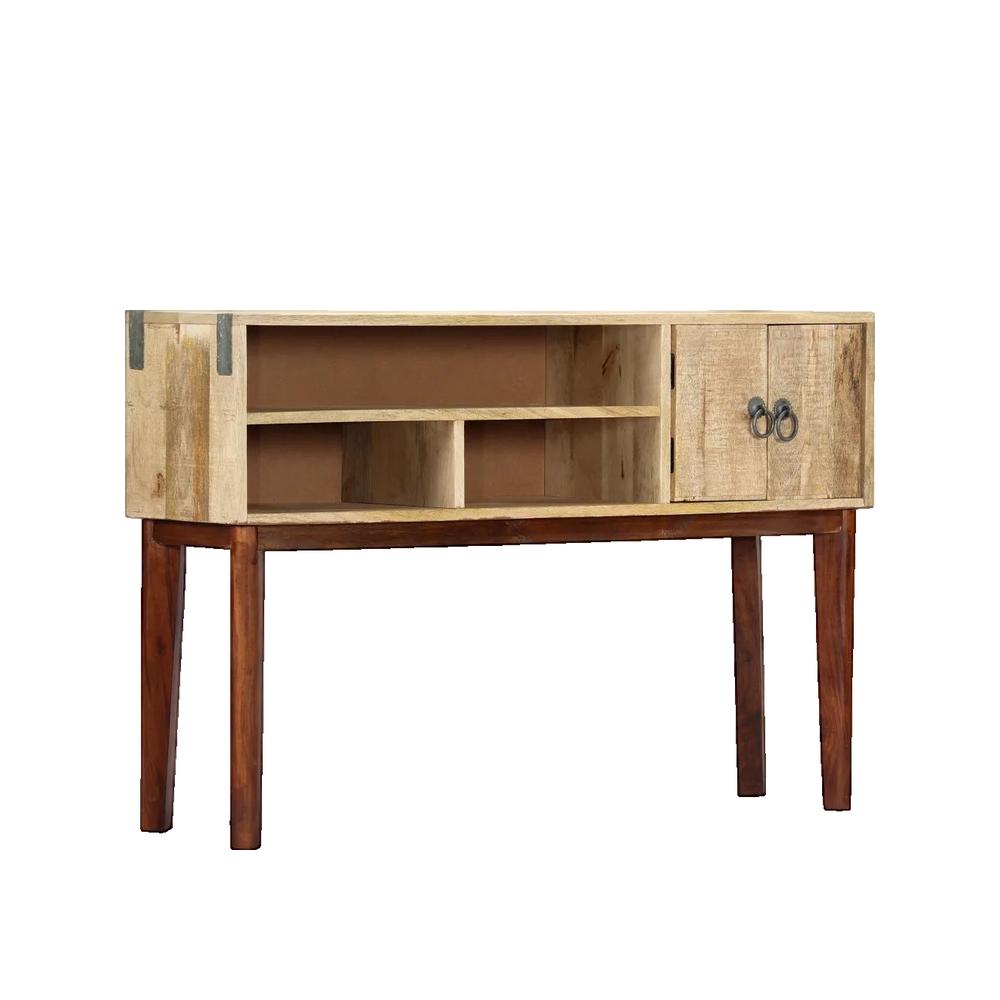 Konsola vidaXL z drewna mango litego 115x30x76 cm z 2 drzwiami i 3 otwartymi przegródkami