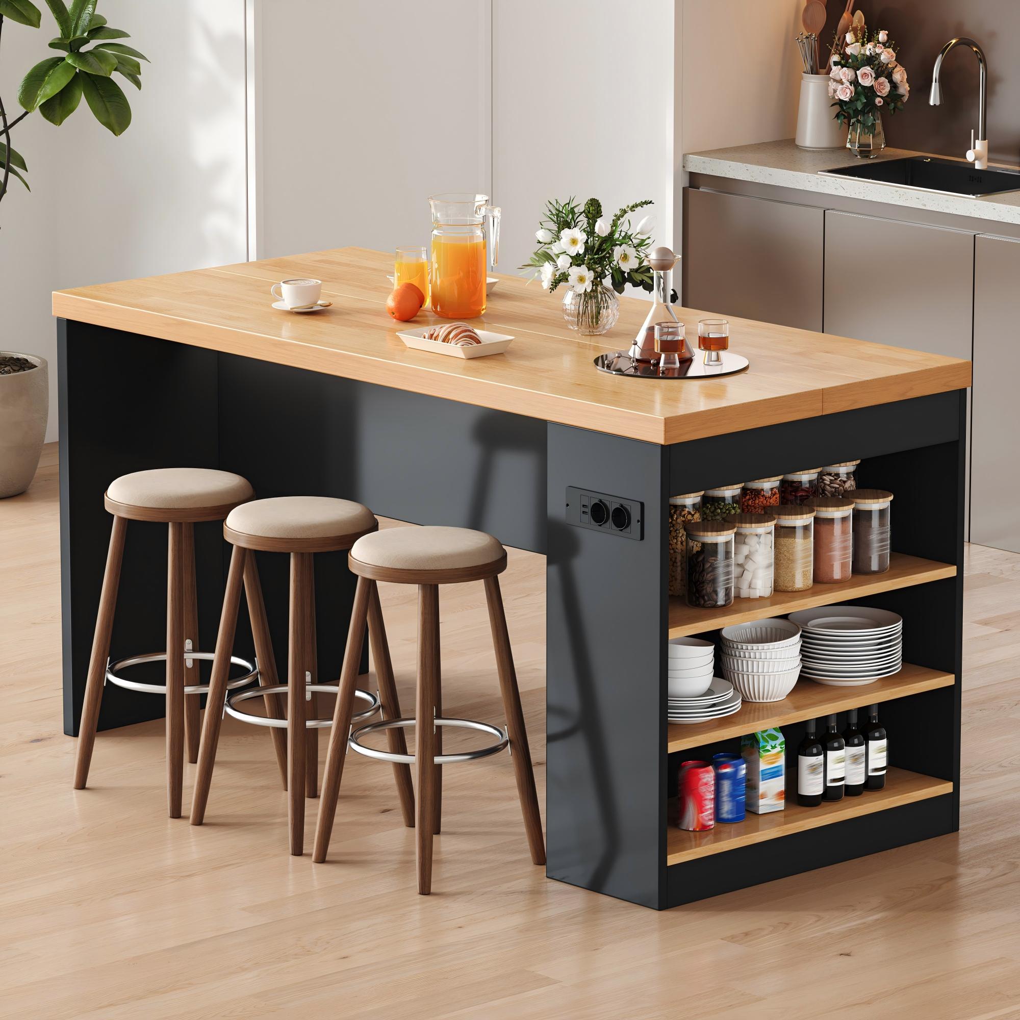 Îlot de cuisine 155x80x90 cm, table de bar avec LED, prises électriques et USB, 3 étagères, plan de travail 40 mm, MDF, noir - 4