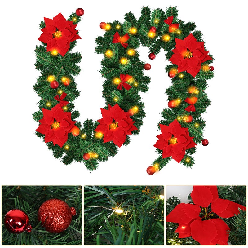 Guirlande De Noël 270 Cm Avec 50 LED - Couronne Artificielle Épicéa Avec Minuterie - Déco Escalier, Cheminée, Maison - Vert Et Rouge Festif