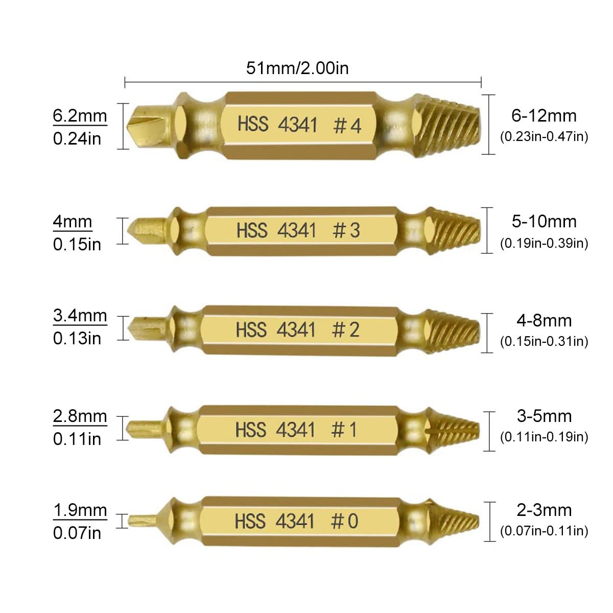 Kit d'Extraction de Vis Endommagées 5 Pièces en Acier HSS Revêtu Titane pour Retrait de Boulons et Vis Cassés - 5