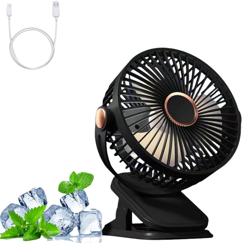 Przenośny wentylator kempingowy z klipsem, 5 prędkości, port USB, lampka nocna, czarny, 1200 Ah