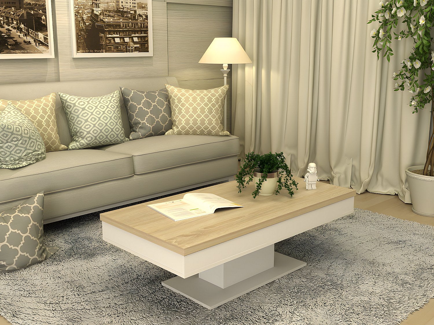 Table basse ASTULIA - avec rangements - Blanc - Plateau effet chêne - 6