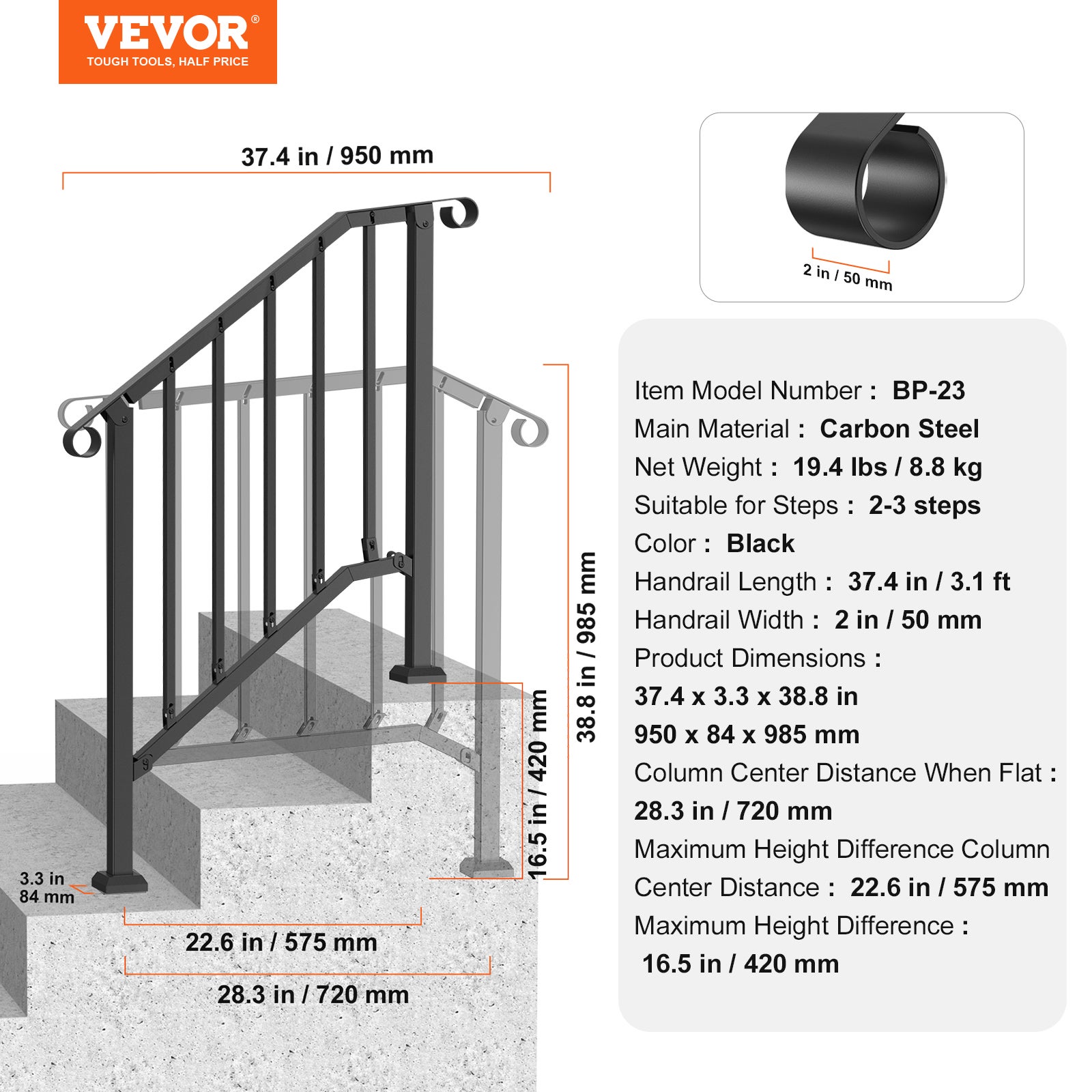 Rampe d’Escalier 2-3 Marches Extérieures,VEVOR Courante Acier Carbone Kit d’Installation,Noir,pour Personnes Âgées,Marches Béton,Porche,Terrasse - 7