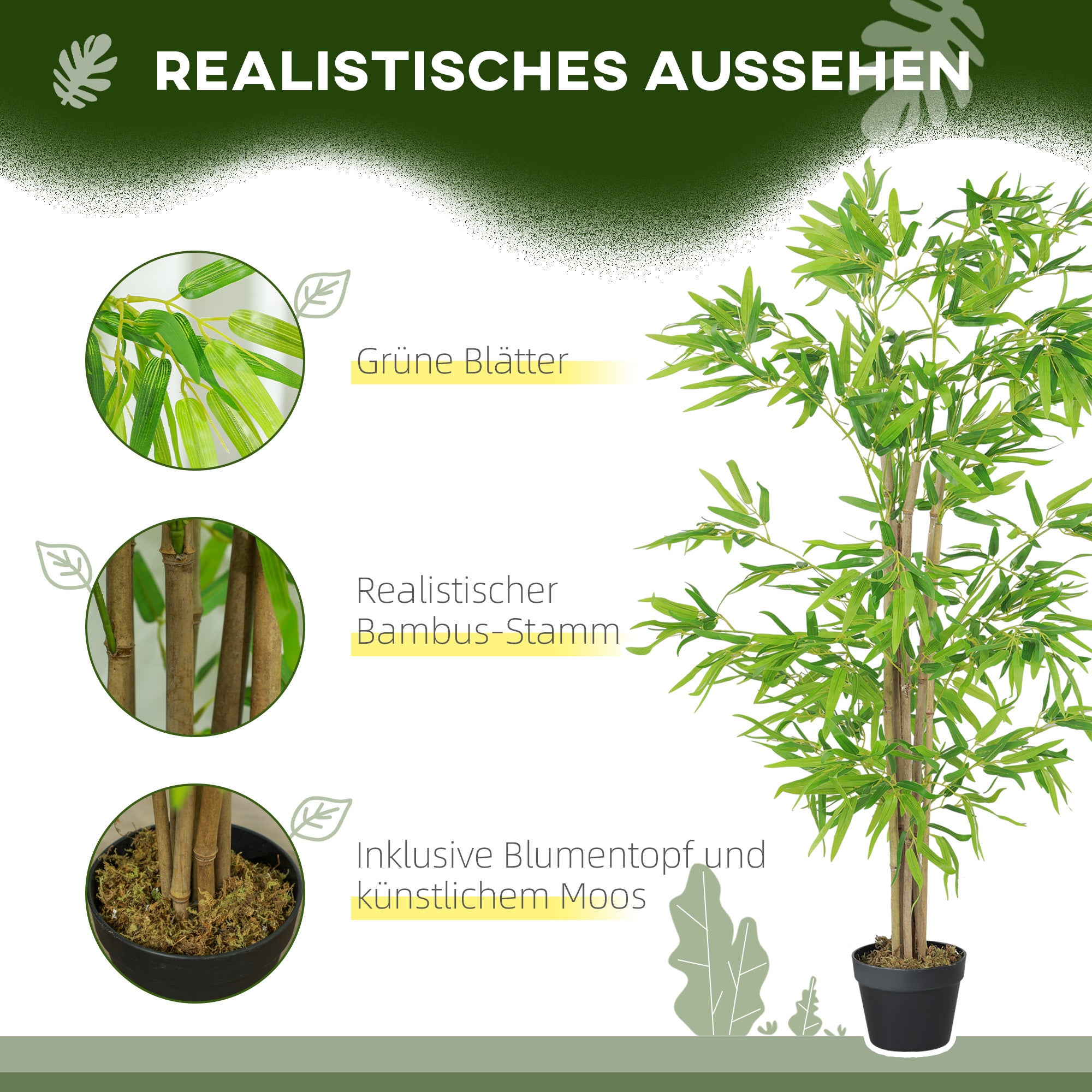 Bambou artificiel 150cm, plante décorative réaliste en pot avec mousse, décoration intérieure et extérieure pour salon, bureau, jardin - 5