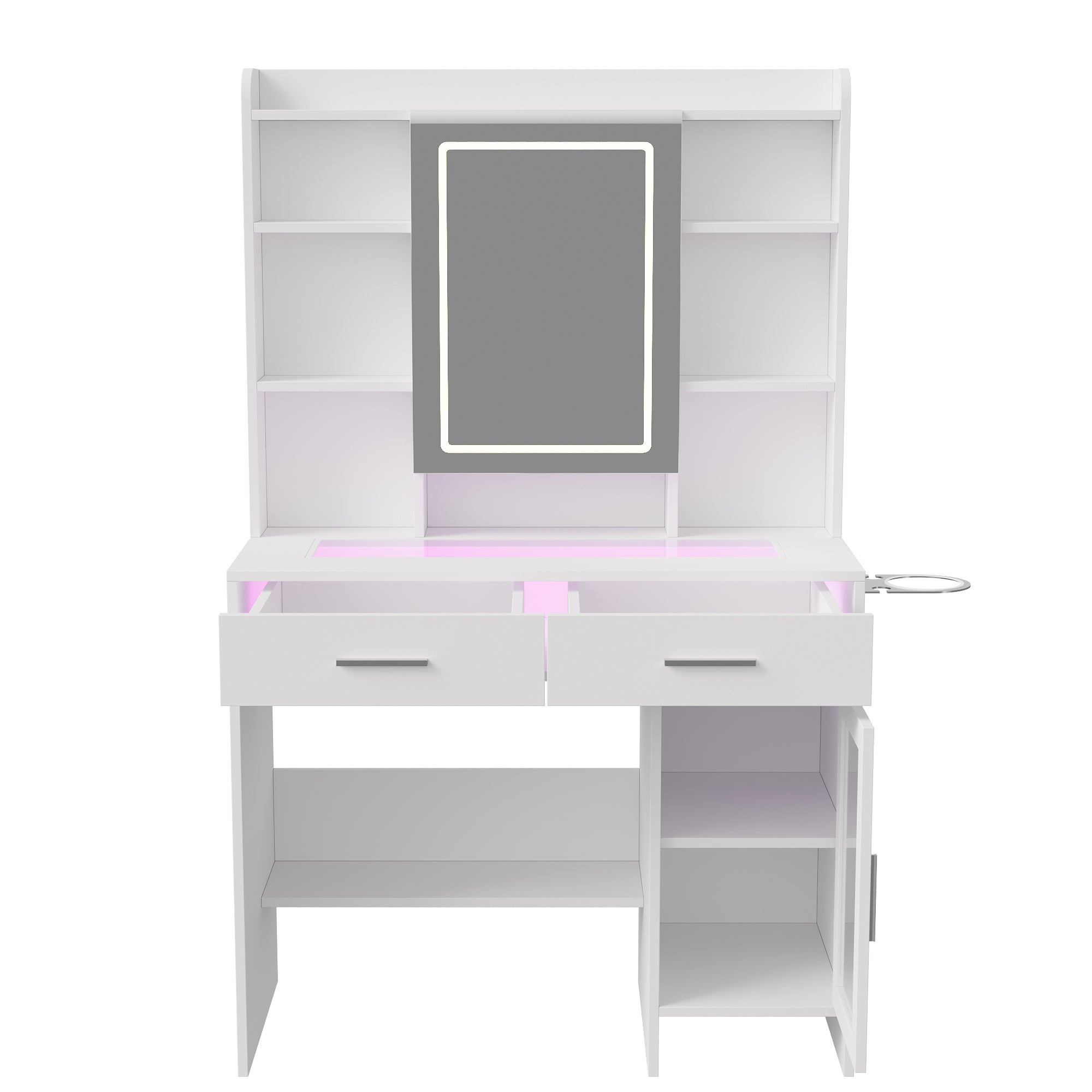 Coiffeuse avec éclairage, luminosité réglable, casiers visuels, miroir LED, avec prises, coiffeuse avec 2 tiroirs, 5 compartiments ouverts, blanche - 11