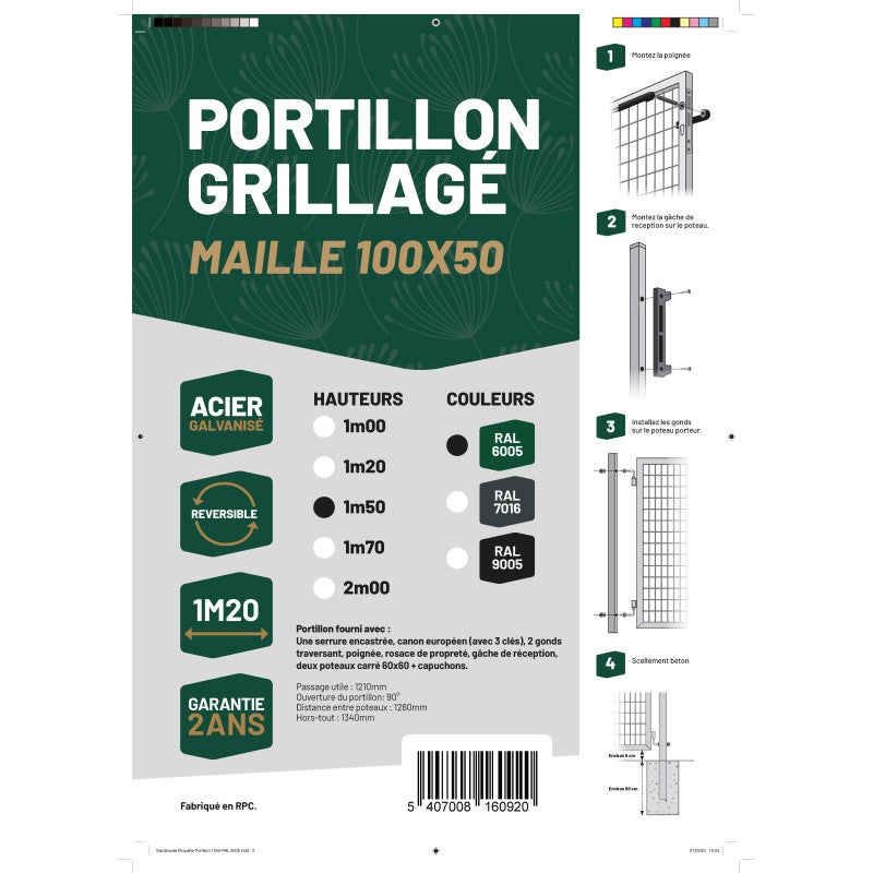Portillon grillagé en acier galvanisé maille 100 x 50 L 1m20 x 1m50 Vert - 6