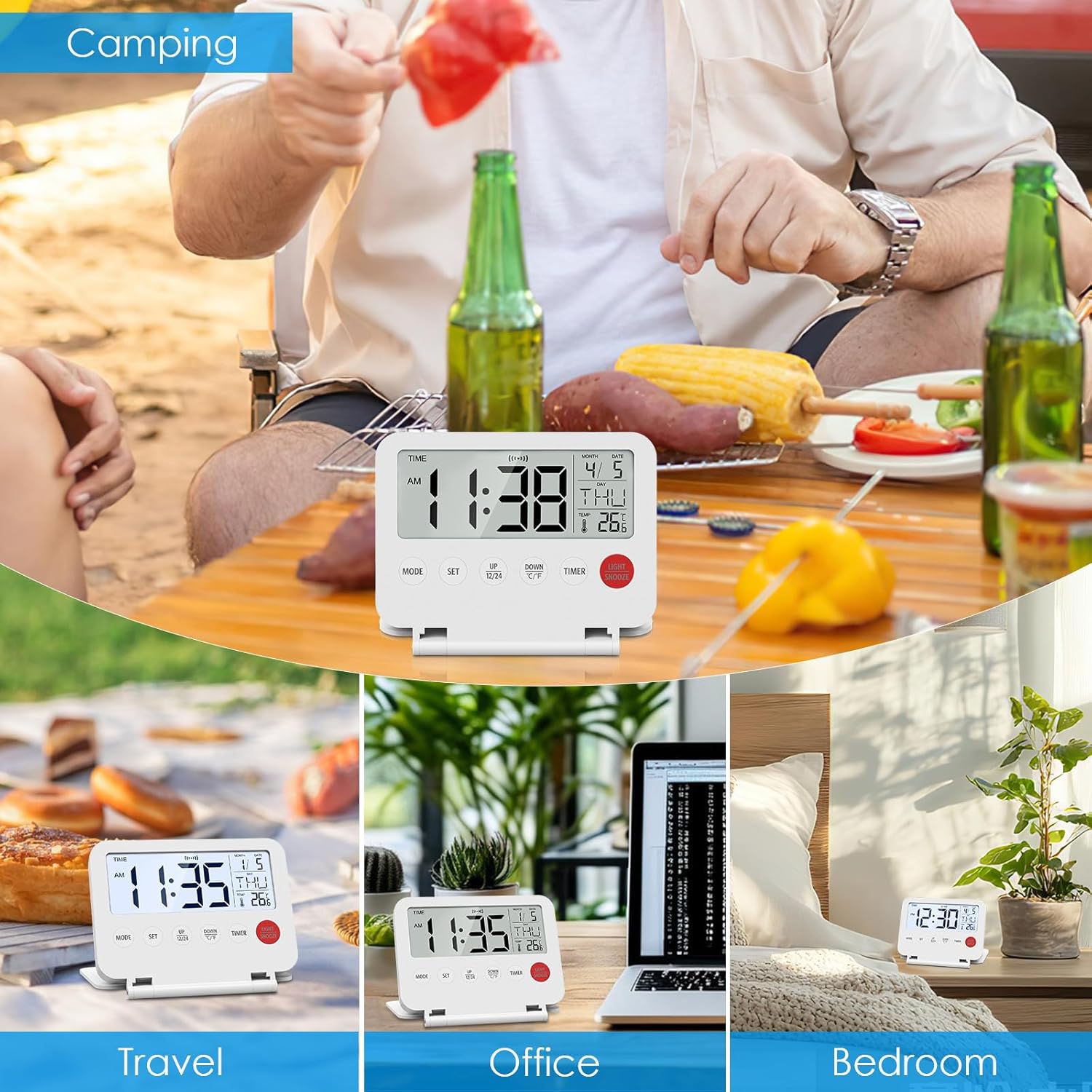 Mini réveil de voyage pliable numérique avec LCD rétroéclairé, thermomètre, snooze, date et heure, bureau, chambre, cuisine, pratique et portable - 8