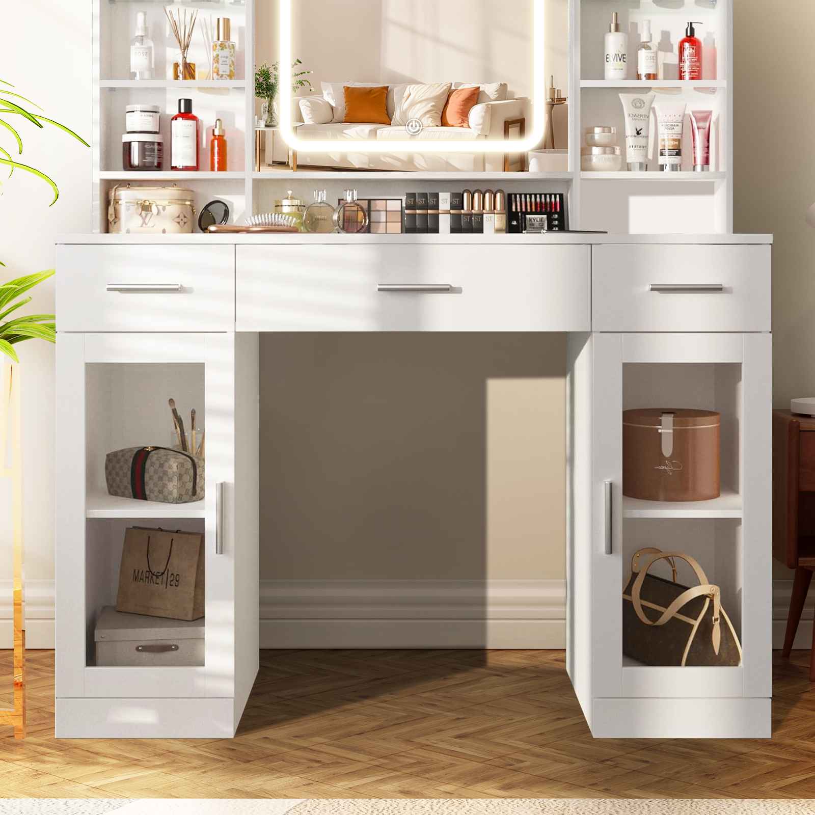 Meuble de toilette avec miroir - Tiroirs, étagères, surface spacieuse, toit anti-poussière - 3 modes de couleur, blanc - Idéal pour chambre - 4