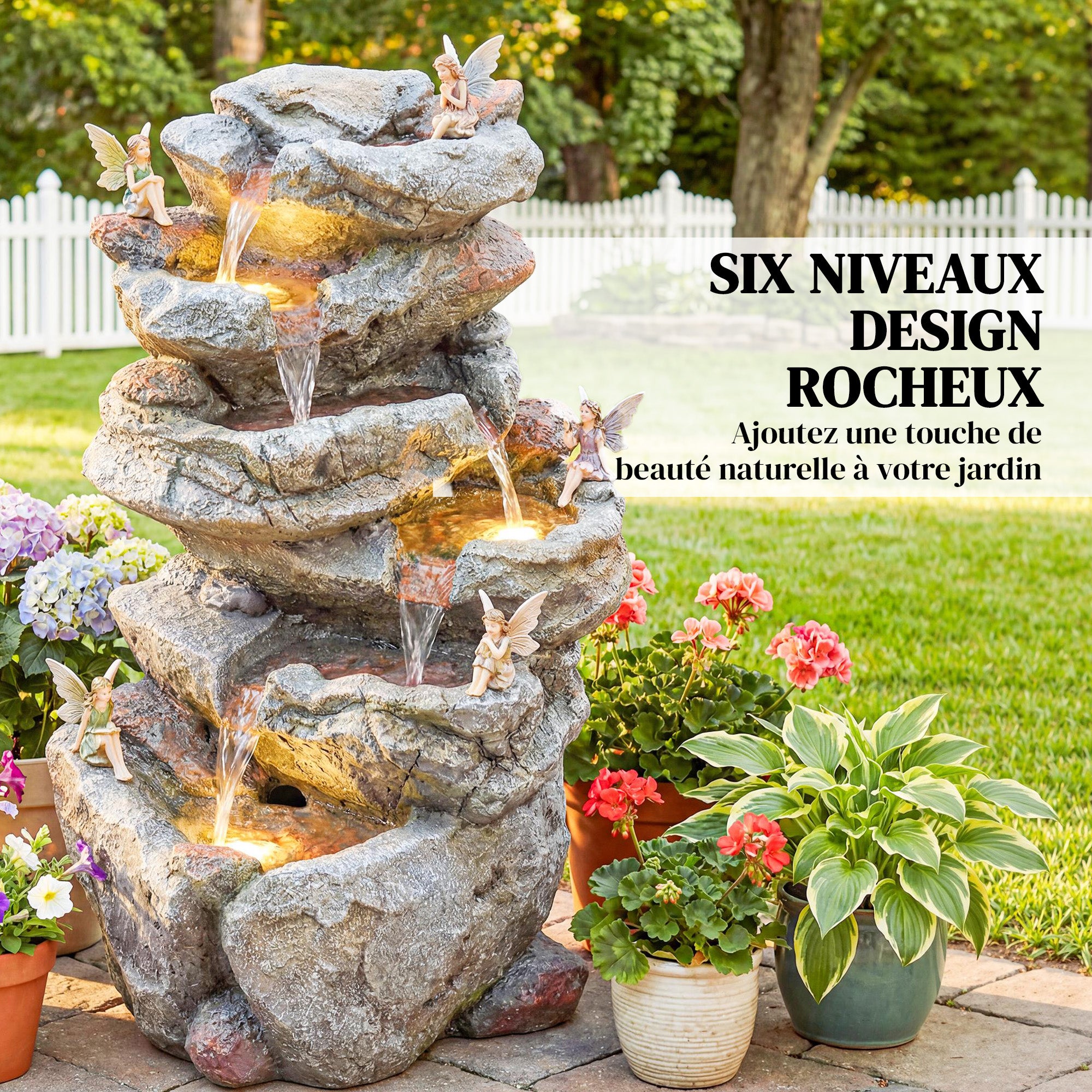 Fontaine jardin cascade 6 niveaux décoration zen résine pierre naturelle 33x27x53 cm gris - 6