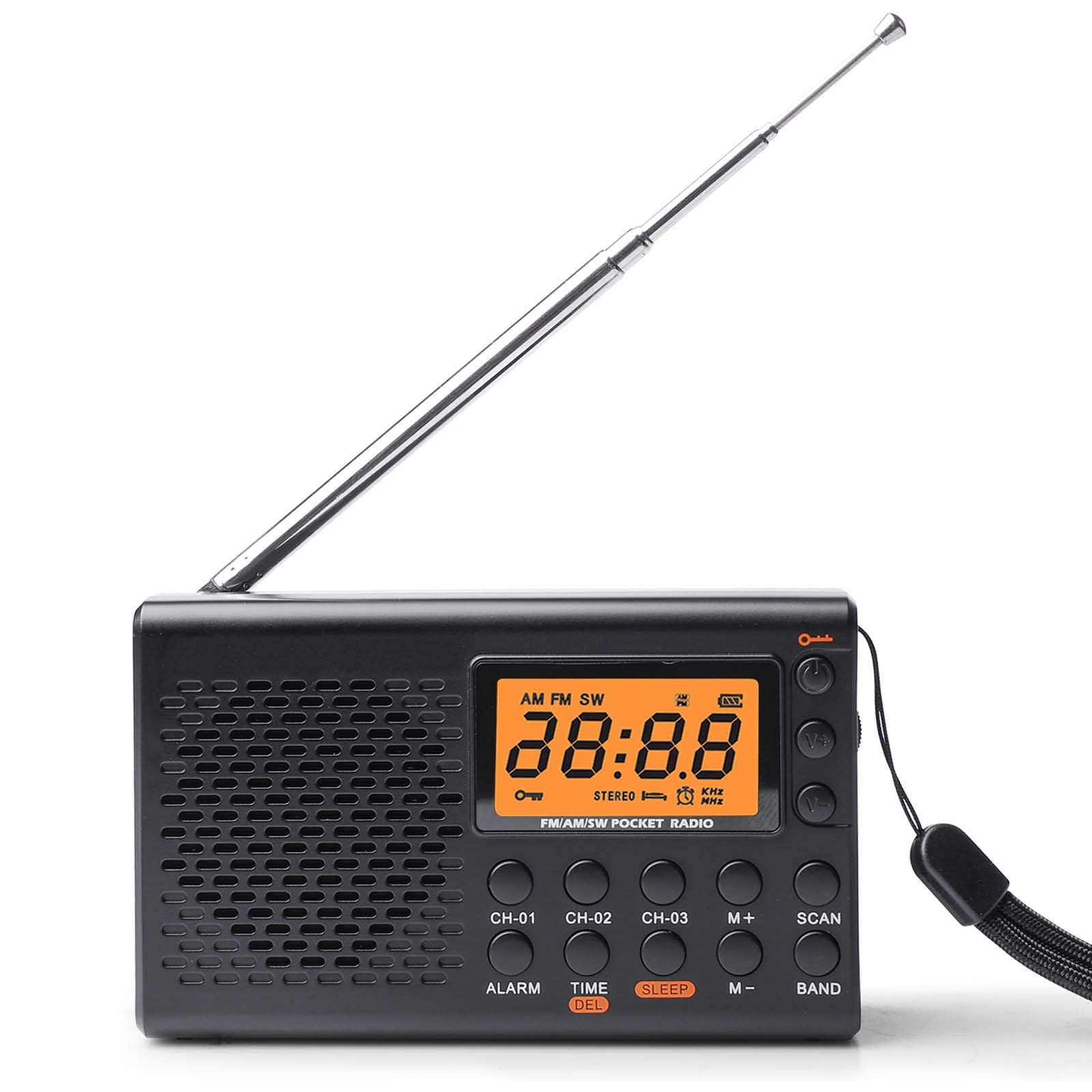 Radio przenośne AM/FM/SW, zasilanie bateryjne, ekran LCD, 35 zaprogramowanych stacji, gniazdo słuchawkowe, alarm i funkcja drzemki