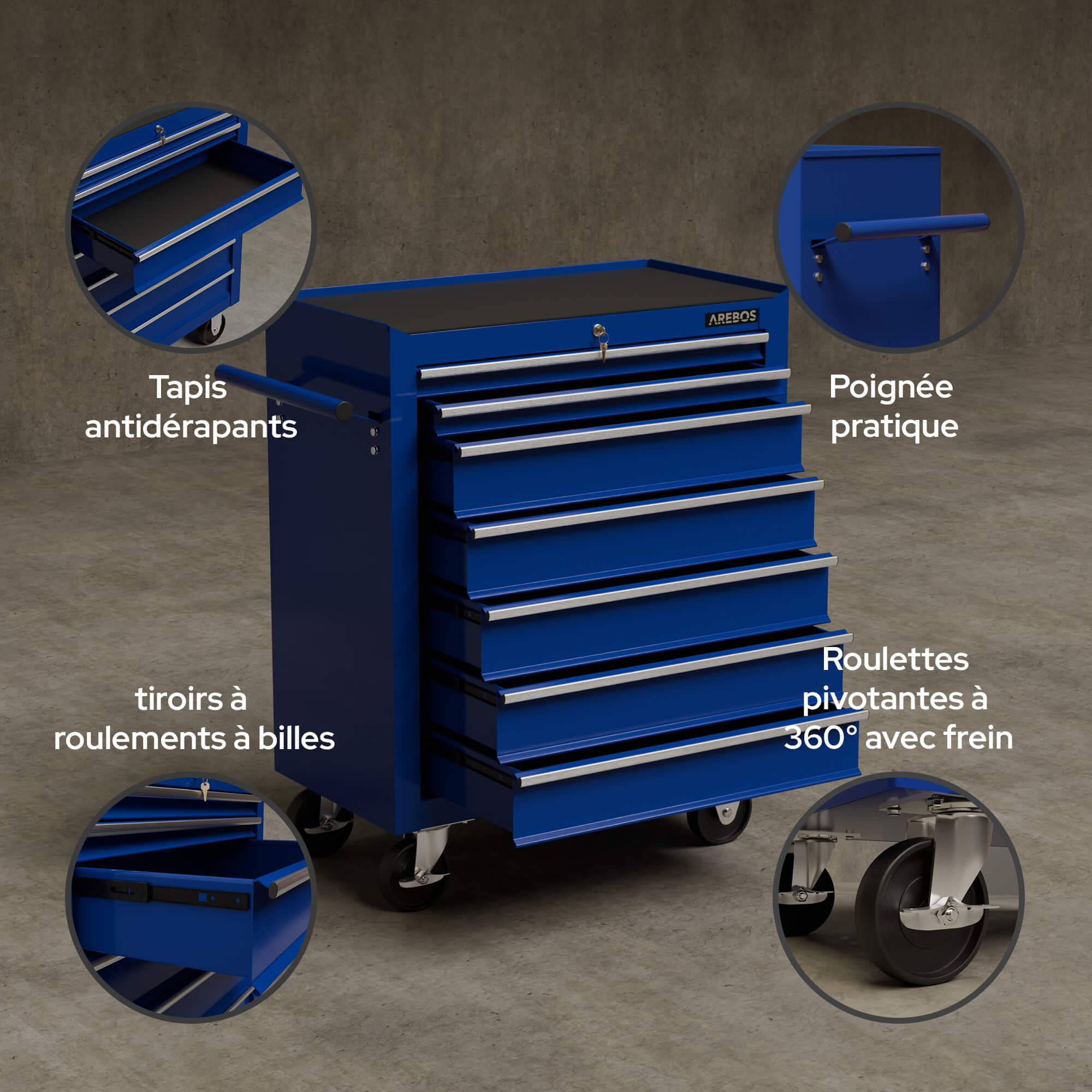 AREBOS Chariot d’atelier robuste avec 7 tiroirs, roues pivotantes et système de verrouillage central sécurisé - 6