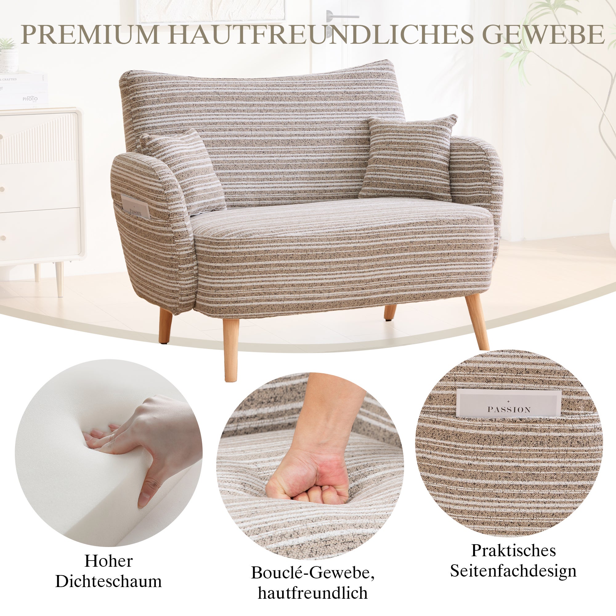 Canapé 2 places moderne avec poches de rangement, petit sofa profond avec accoudoirs rembourrés pour appartement et chambre, canapé droit chic, Beige - 5