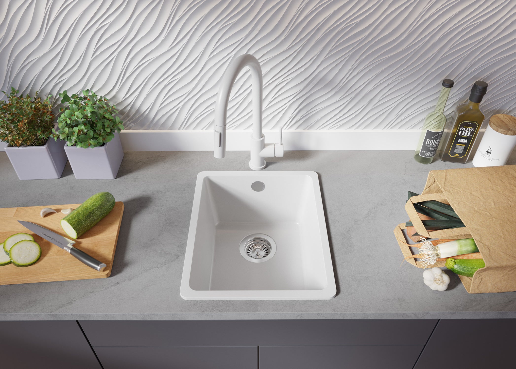 Lavello da Cucina Bianco 36x44cm, Lavandino in Granito a 1 vasca + Sifone Classico + Accessori, Lavabo da Cucina Incasso al mobile 40cm PRIMAGRAN - 3