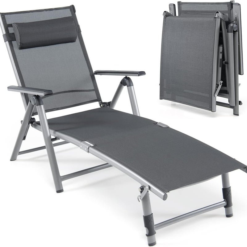 Składane Krzesło Ogrodowe z Aluminium z 8-stopniową Regulacją Oparcia, Rozkładane Krzesło Ogrodowe z Antypoślizgowymi Nóżkami i 2-stopniową Regulacją