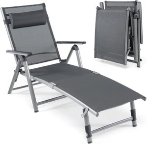 Chaise Longue Pliable en Aluminium avec Dossier Réglable en 8 Positions, Transat Inclinable Extérieur avec Pieds Antidérapants à 2 Positions
