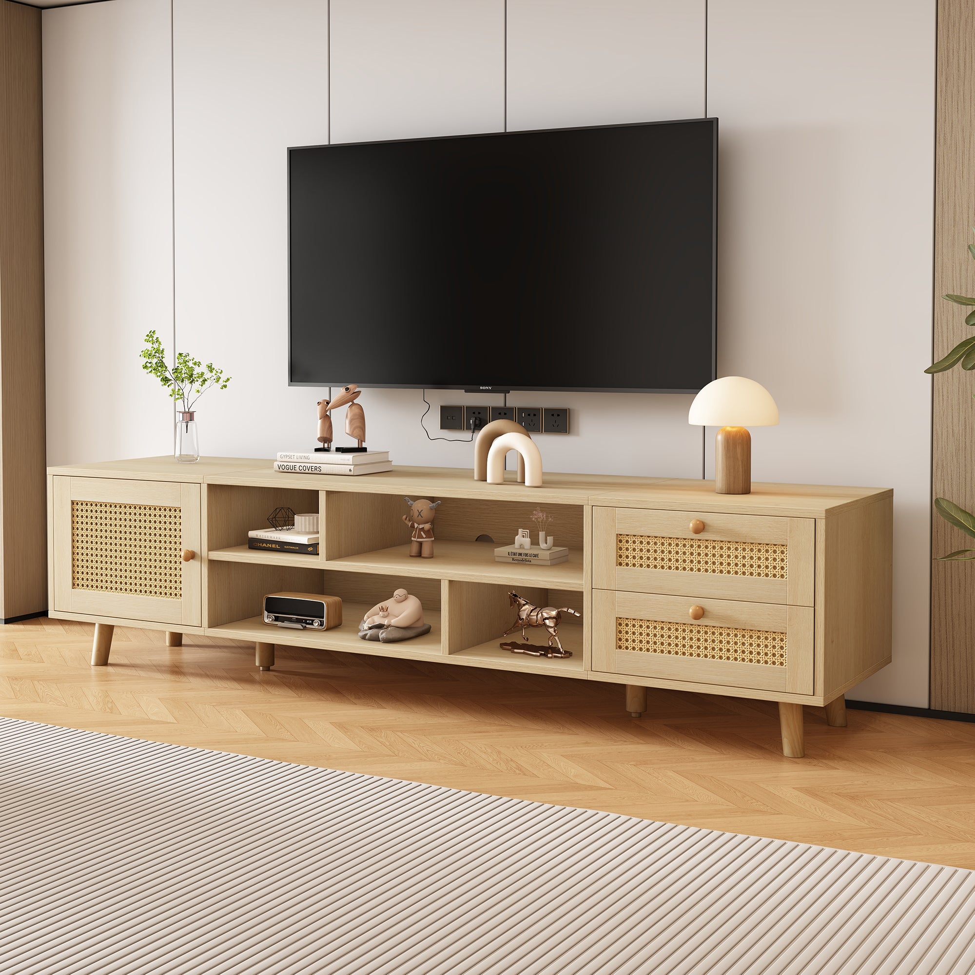 Meuble TV, Banc TV 160 cm avec 2 tiroirs, 1 porte & 4 compartiments, Pour les TV jusqu'à 70