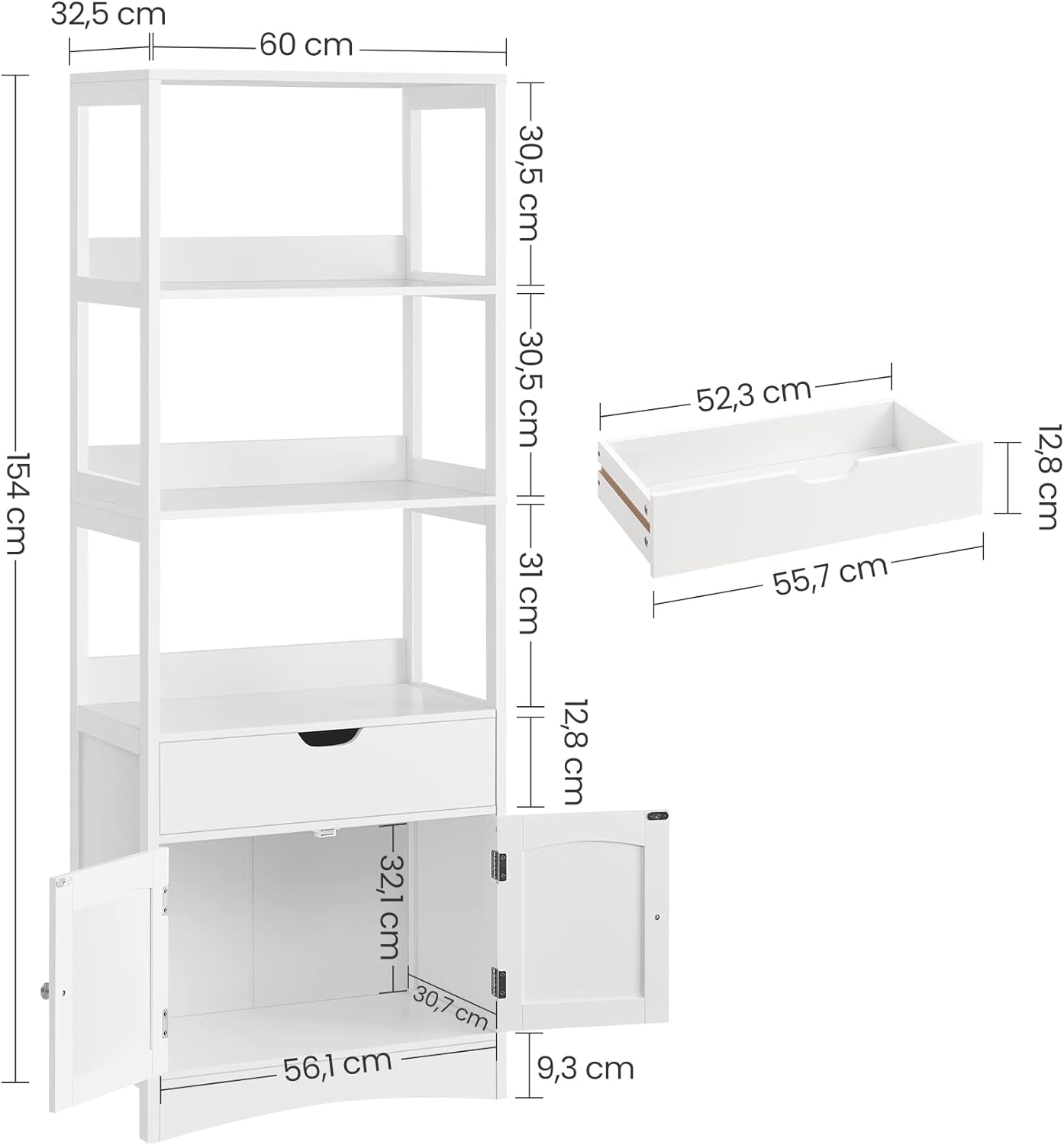 Meuble De Salle De Bain Avec 3 Compartiments Ouverts, 1 Tiroir, 1 Placard, 60 x 32,5 x 154 cm - 4