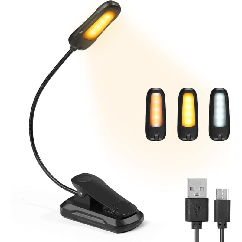 Lampka do czytania, akumulatorowa lampka do czytania LED, 3 tryby jasności x 3 kolory (biały/ciepły/ciepły biały), elastyczna szyjka 360°