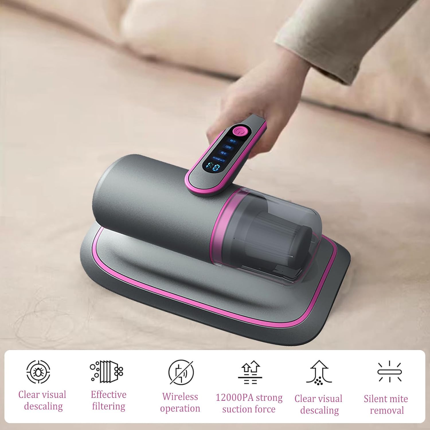 Aspirador portátil antiácaros para colchões, 12Kpa sem fio, detector de poeira com luz UV-C, 2 velocidades ajustáveis (roxo) - 2