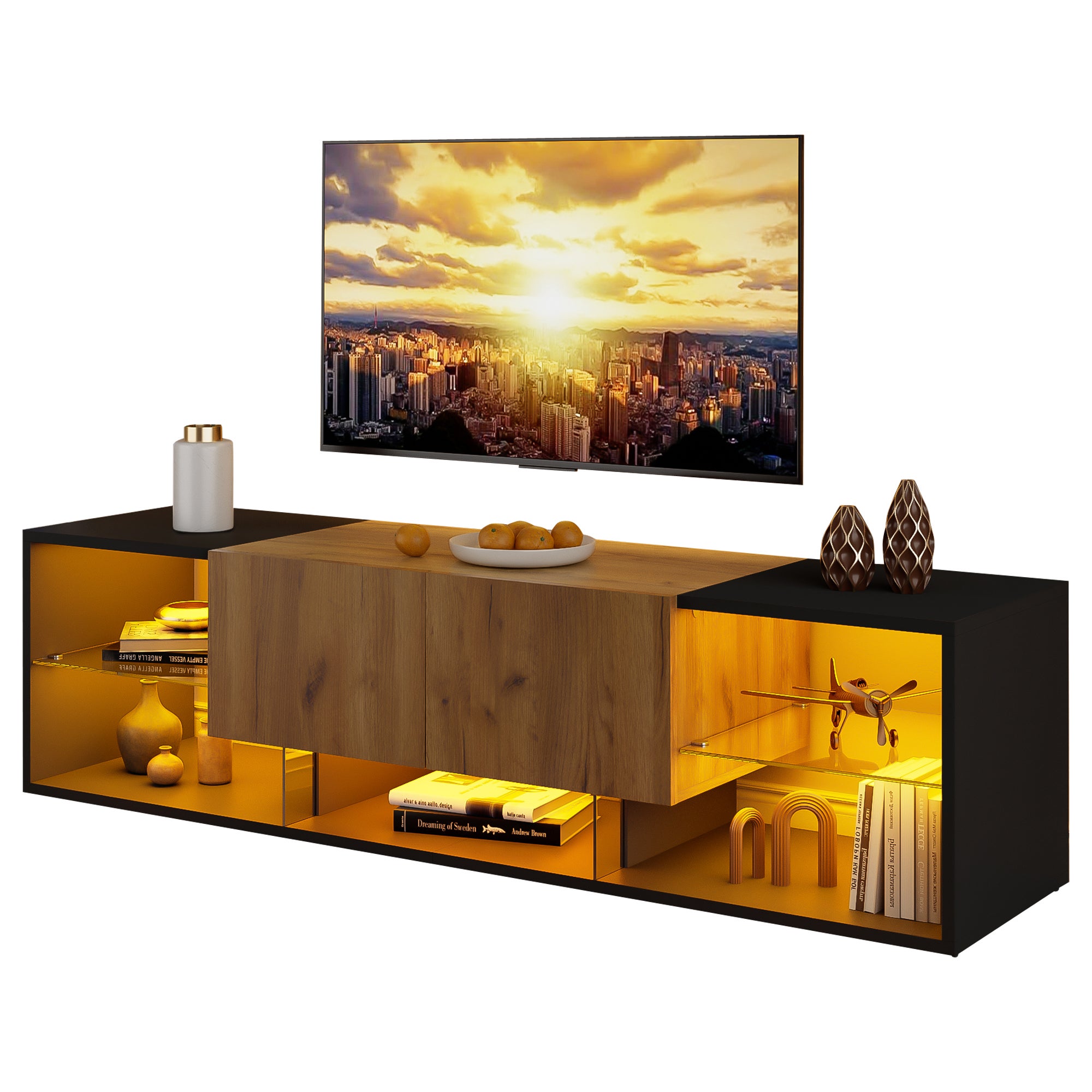 Meble pod TV 160x40x42 cm - z 2 szufladami - Szklane półki - z oświetleniem LED - Płyty wiórowe - Czarny - 7