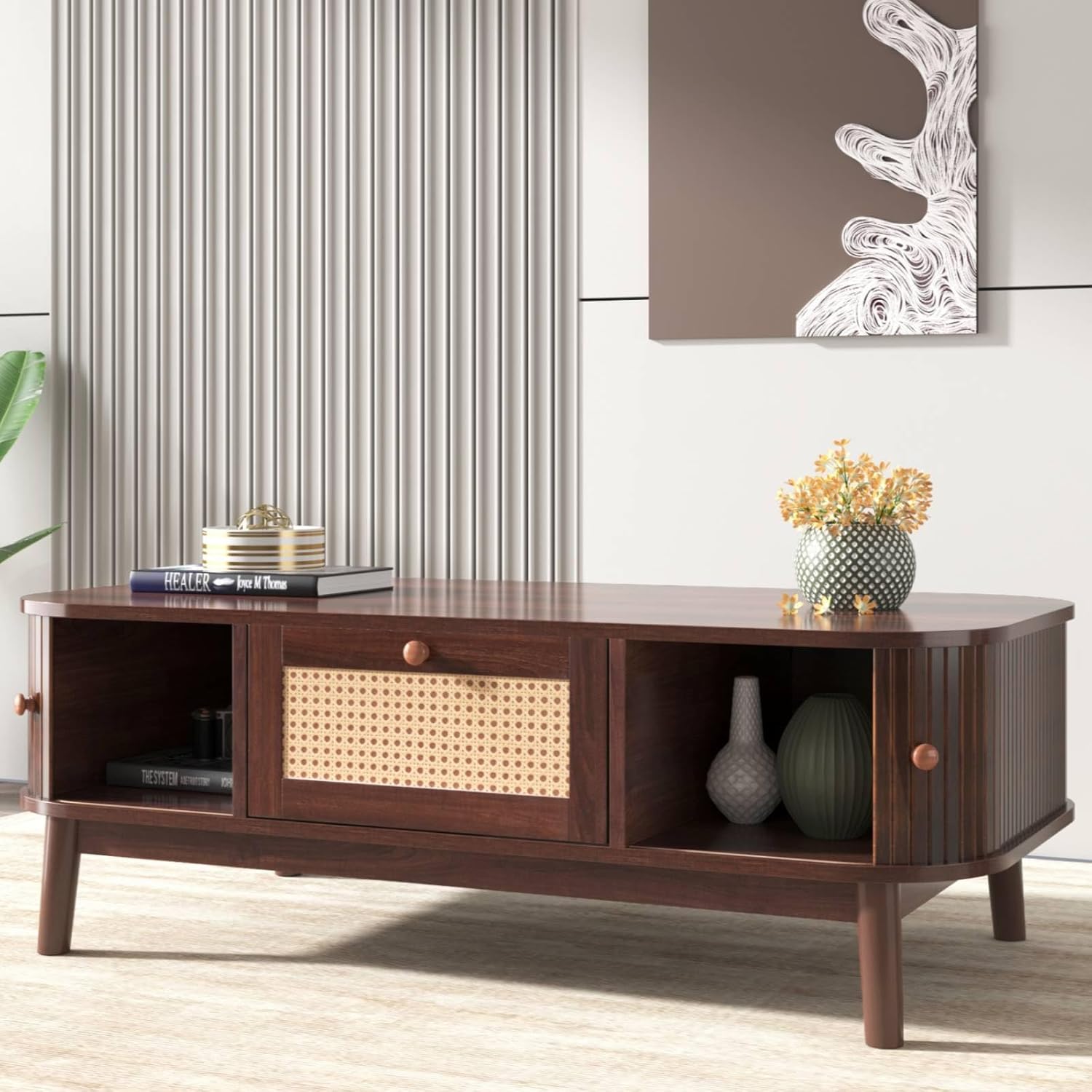 Table Basse avec tiroir en rotin et 2 Portes coulissantesf 110 x 55 x 38,5 cm, pieds en bois massif - Couleur Noyer - 5