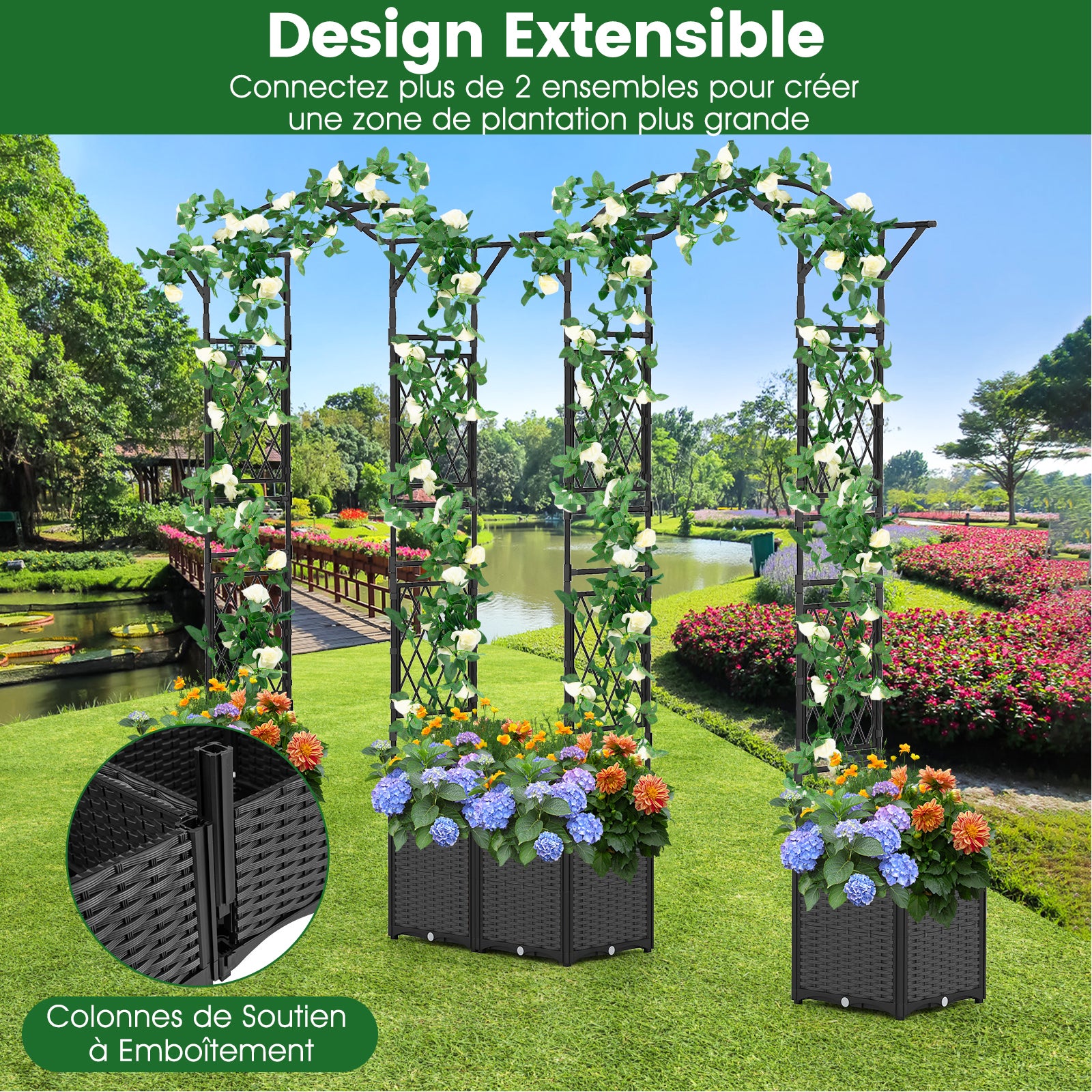 Arche de Jardin 208 CM avec 2 Bacs Jardinière et Treillis, Pergola Extérieur en Métal Revêtu de PE Antirouille avec d'Auto-Arrosage Roues, Gris - 5