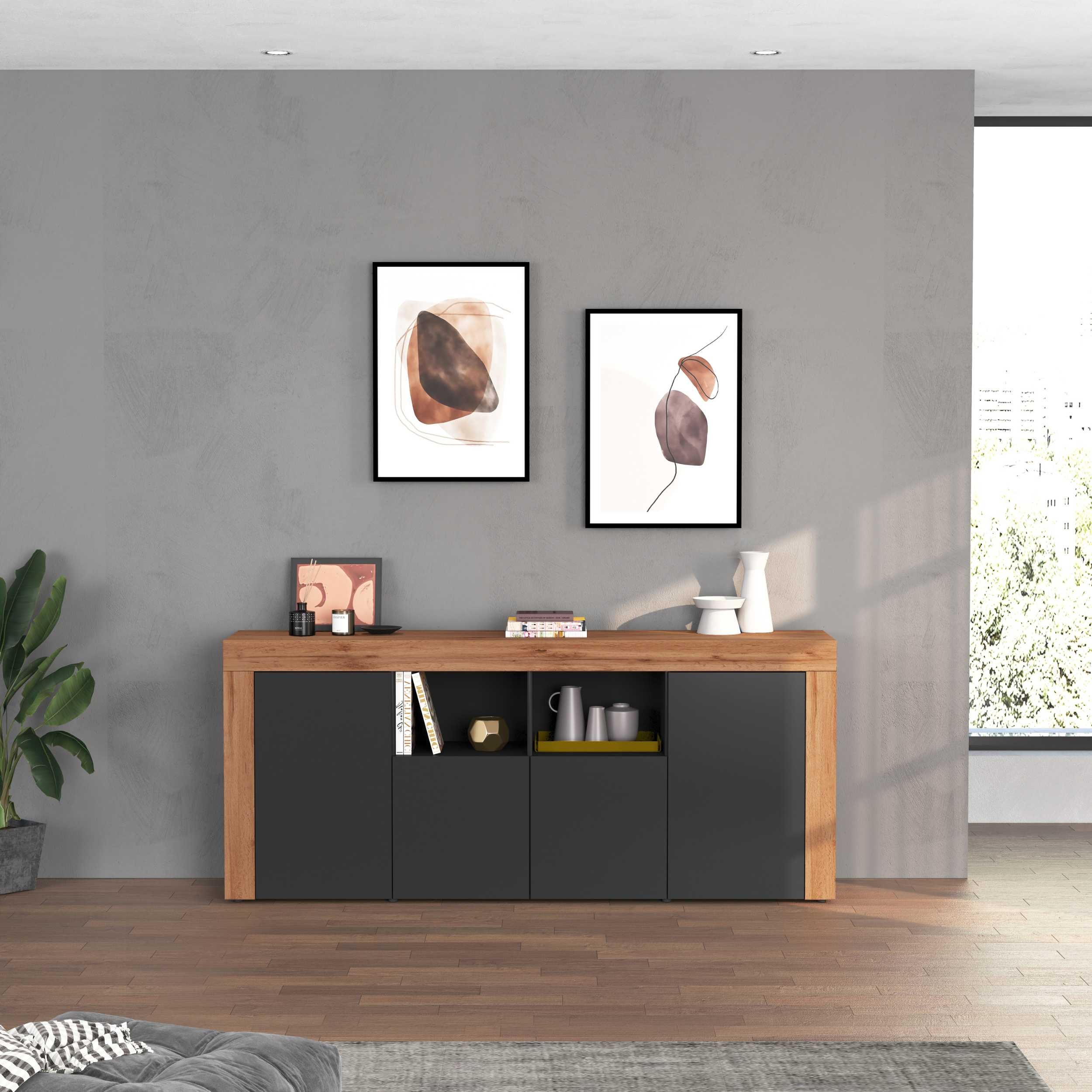 Credenza Moderna In Noce Con Ante In Rattan: Comò 3 Ante Con Gambe In Metallo Per Soggiorno O Camera Da Letto. Dimensioni: 129,8x40x76 Cm