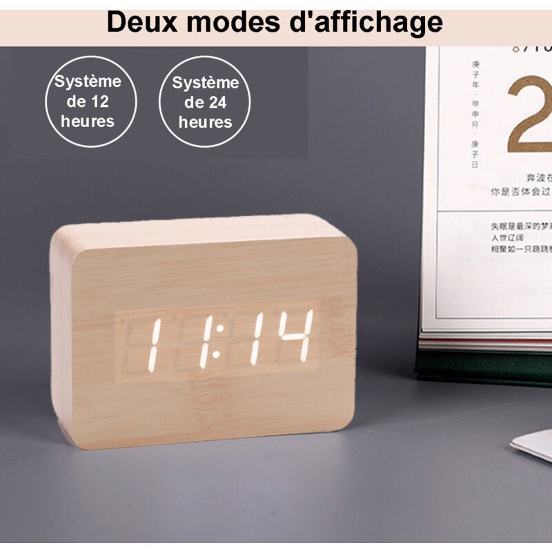 Réveil moderne en bois - LED Réveil en Bois Numérique Réveil Bureau Date 12/24 Heure - Pour la maison,Horloge Numérique - 3