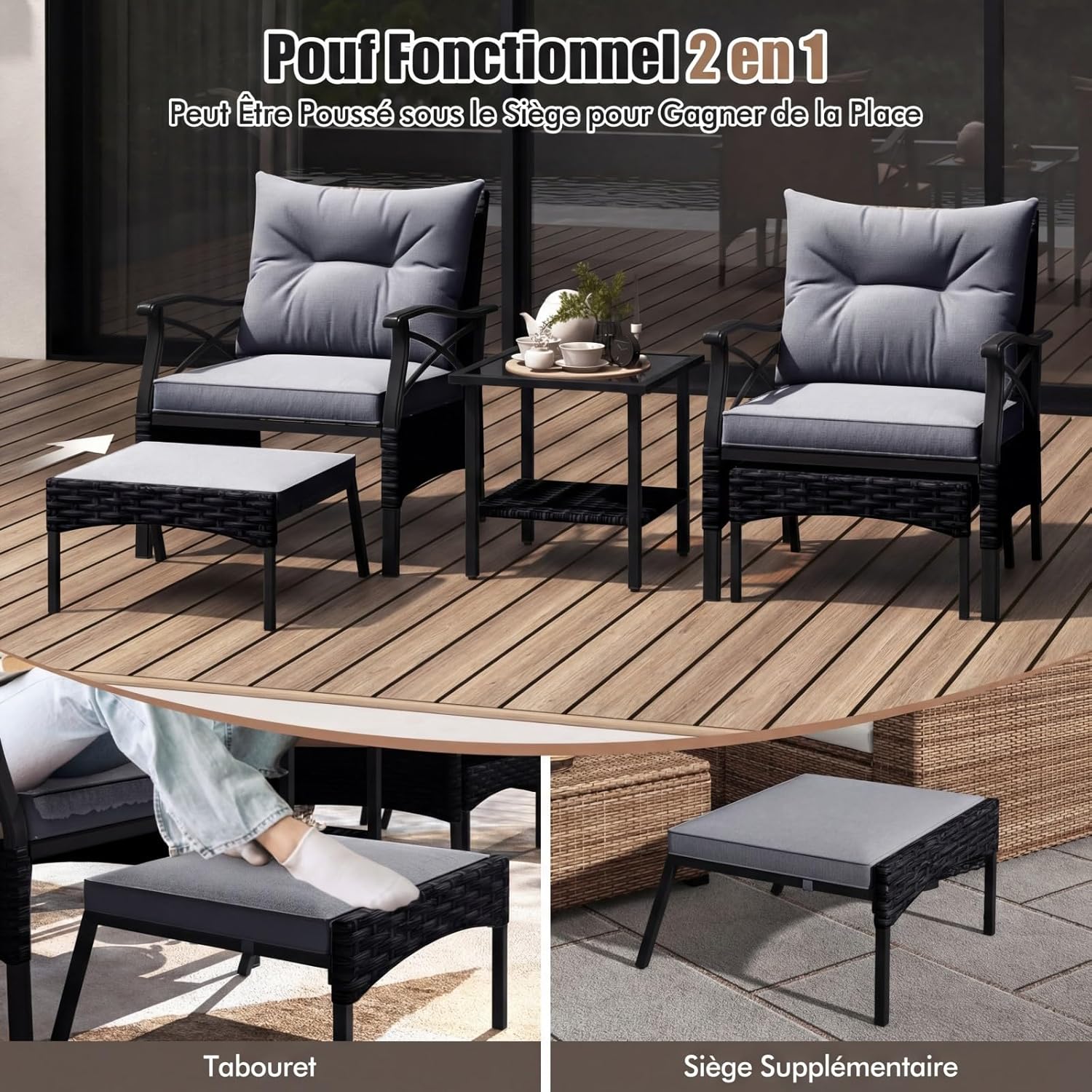 GIANTEX Conjunto Móveis Pátio 5 Peças em Rattan, 2 Cadeiras 2 Pufs e 1 Mesa Baixa Tampa Vidro Temperado Almofadas, para Pátio Quintal, Cinza - 5