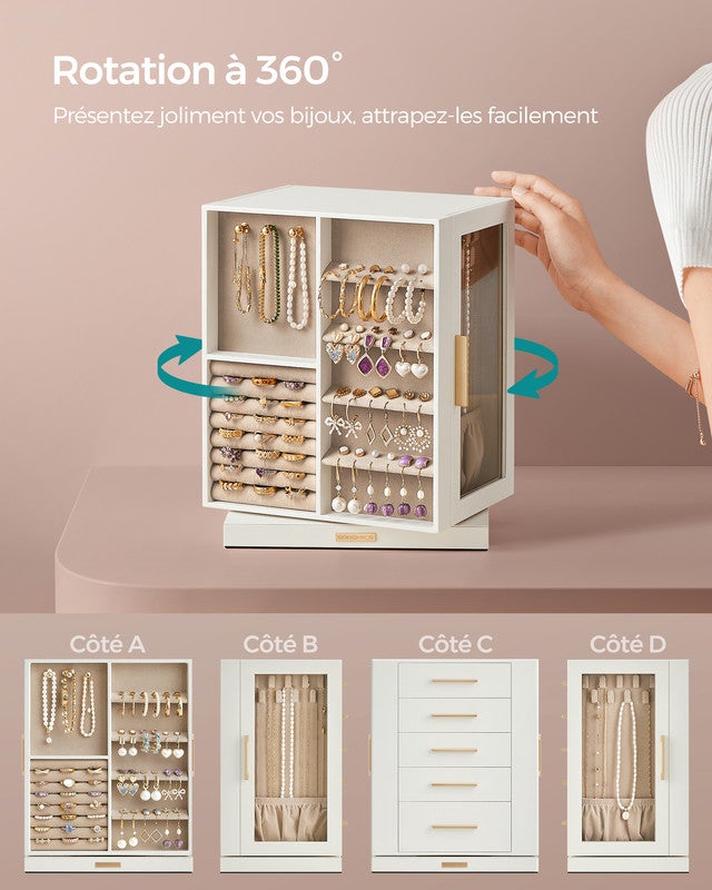 Boîte à Bijoux Pivotante sur 360°, avec 5 Tiroirs, Fenêtres en Verre Latérales, Grand, Rangement pour Accessoires, Design Ouvert, Blanc Nuage - 3