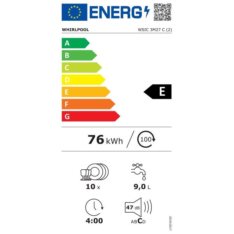 Lave-vaisselle 45cm 10 couverts 47db tout intégrable - Whirlpool WSIC3M27C - 2