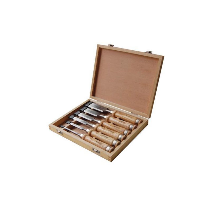OITTo Set di 6 scalpelli per tornio, Scatola di Legno, Acciaio ad Alta velocità HSS + Materiale di faggio OITTo Set di 6 scalpelli per tornio, Scatola di Legno, Acciaio ad Alta velocità HSS + Materiale di faggio