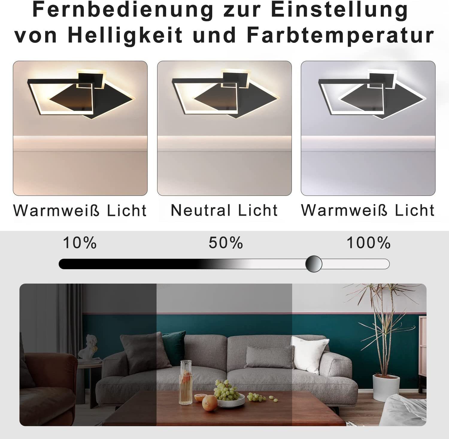 NETTLIFE Czarna lampa sufitowa LED ściemnialna 50W Nowoczesna lampa do salonu z pilotem Metal do jadalni, kuchni, sypialni - 4