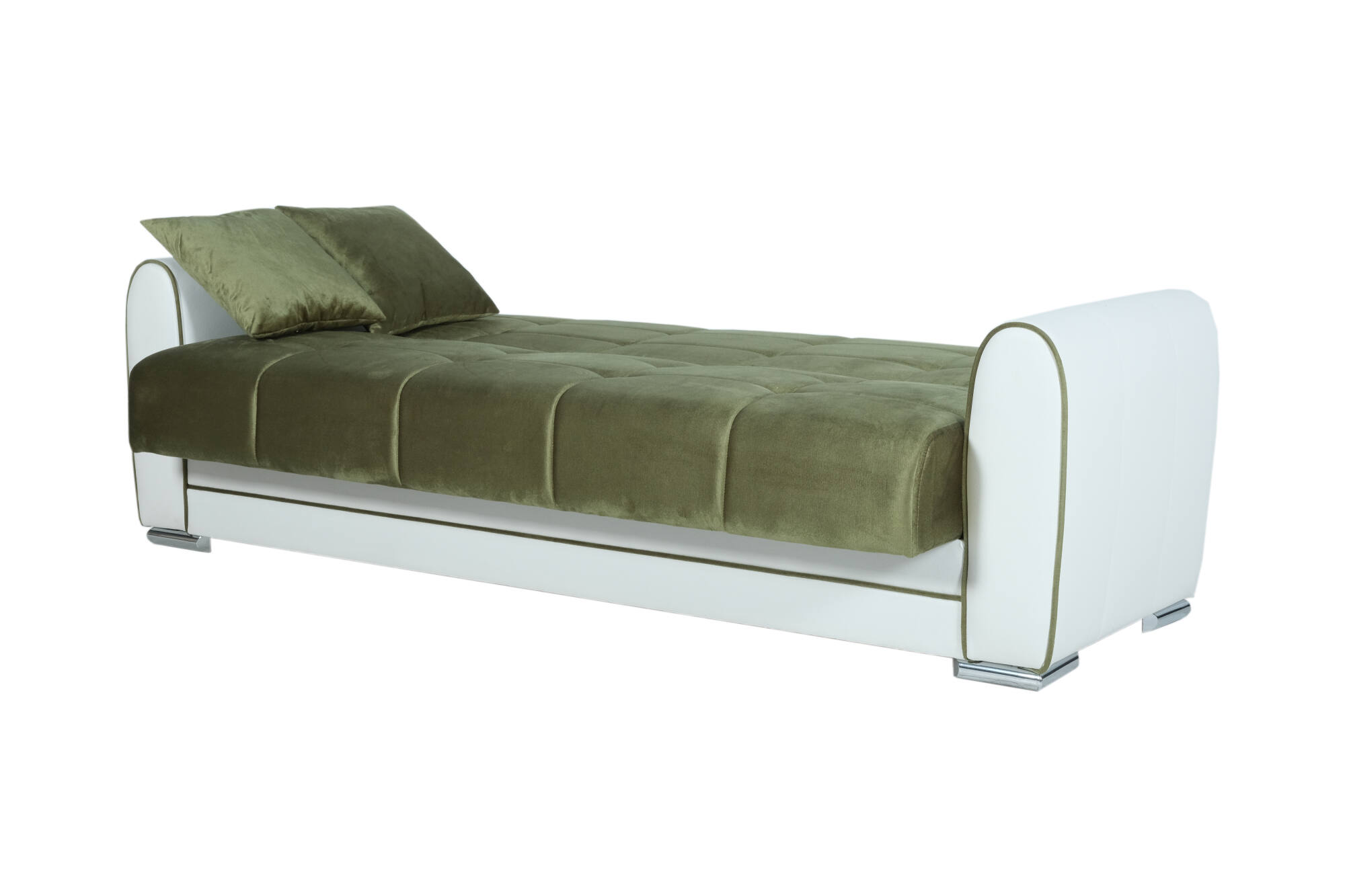 Sofá cama 3 plazas dike, sofá contenedor en ecopiel y tela, sofá de salón con apertura click-clack, 220x84h91 cm, blanco y verde