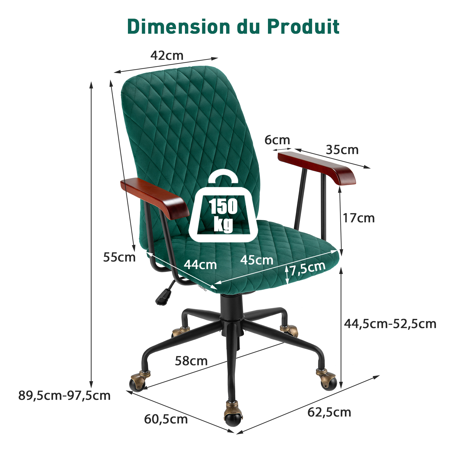 Sedia Girevole in Velluto, Sedia da Ufficio con Altezza Regolabile e Schienale, con Braccioli in Gomma e Ruote in Rame, Carico Massimo 150 kg - 3