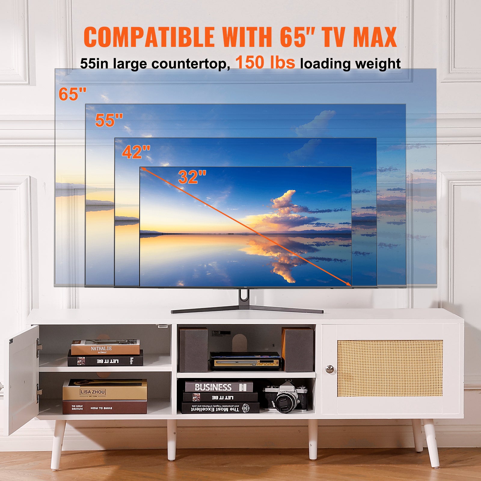 Meuble TV VEVOR en Rotin, pour Téléviseur 65 Pouces, Banc TV Bohème avec Porte en Rotin, Centre de Divertissement avec Prise Intégrée et Ports USB - 4