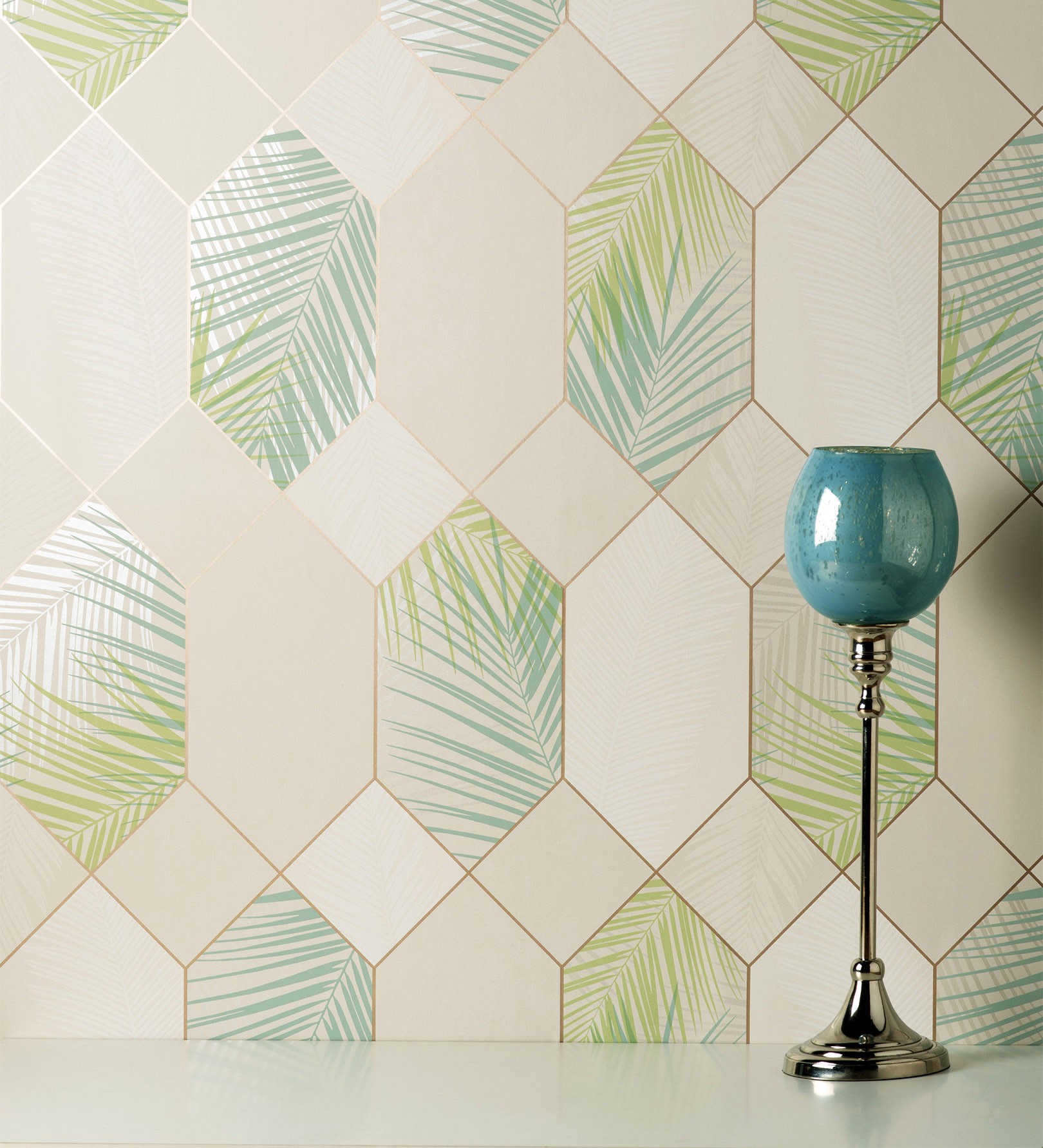 Papel pintado lavable geométrico panel hexagonal con hojas tropicales - tropical hive 681283 de gaulan - rollo de 10 m x 0,53 m