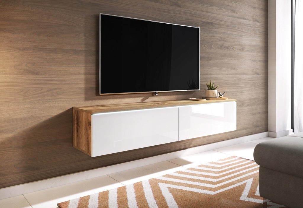 Meuble TV Lowboard D140 Chêne Wotan/Blanc brillant, Nombre de portes : 2, 140x30x31 cm - 2