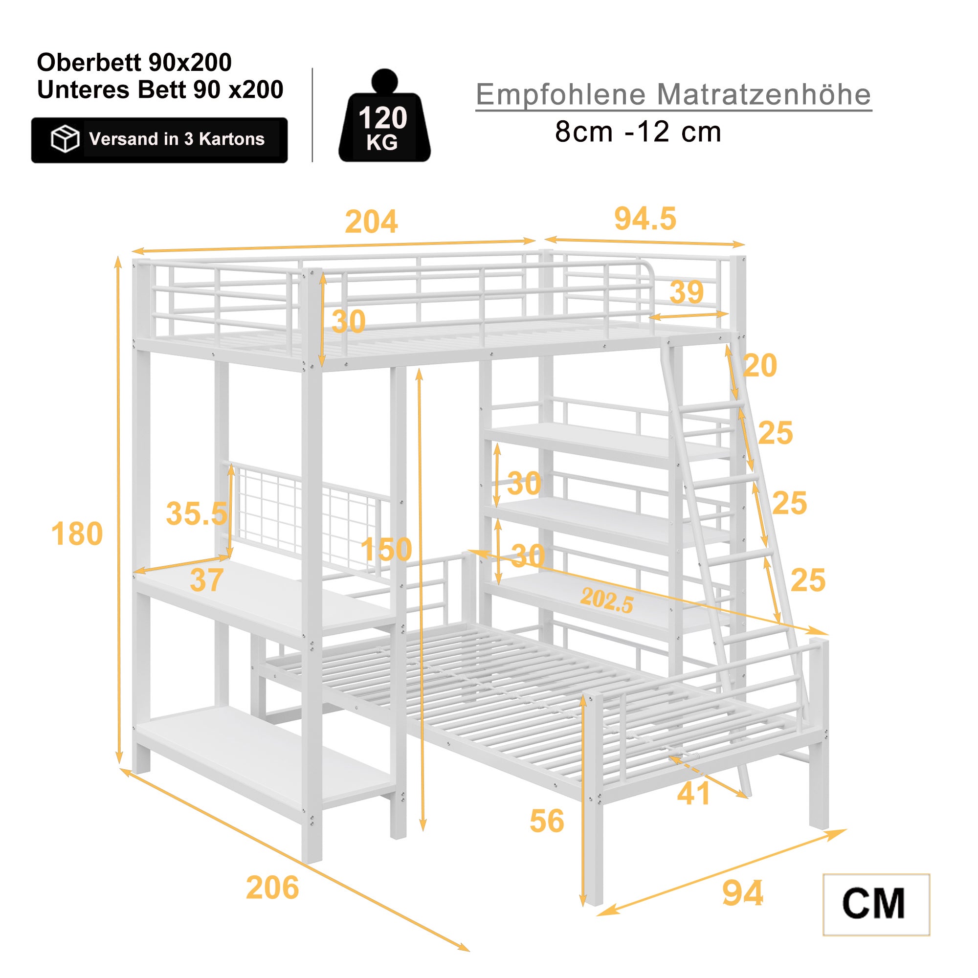 Letto a castello con struttura in metallo, letto a soppalco 90x200, letto multifunzionale con più vani contenitore, bianco - 5