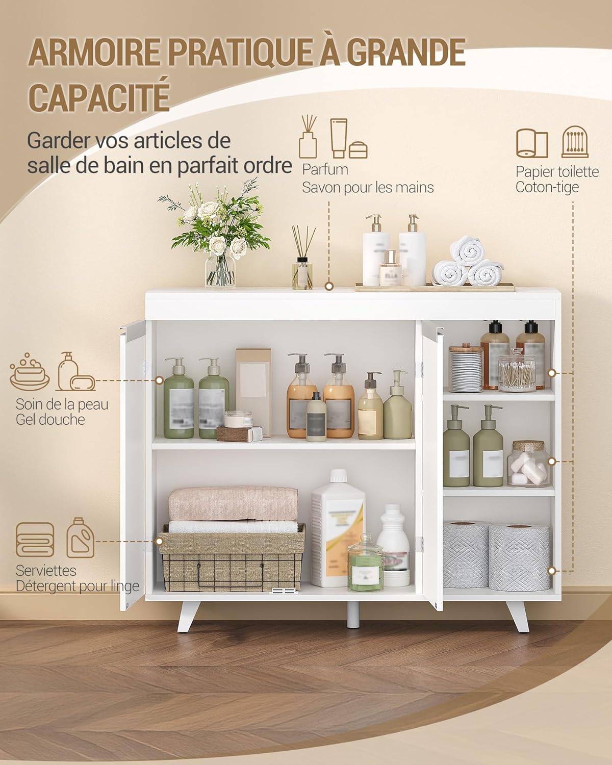 Mobile da Bagno, Armadio di stoccaggio, Mobile da cucina, con 3 Ripiani Aperti Regolabili e 2 ante, moderno, per Bagno, Soggiorno, Ingresso, Bianco - 4