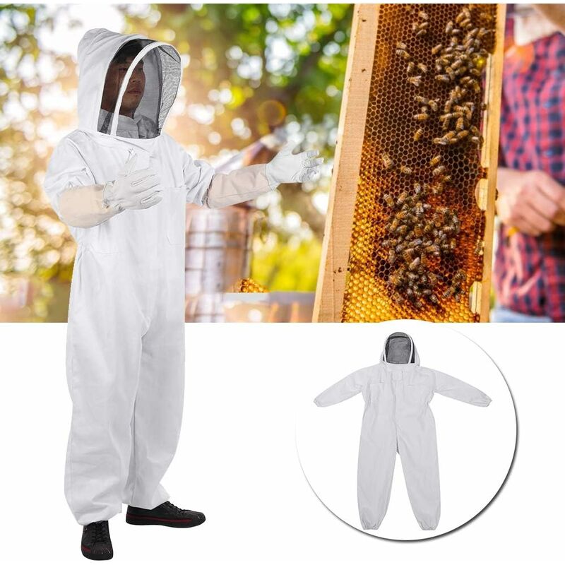 Apicole Costume Équipement de Protection Professionnel Anti Abeille avec Longs Gants et Capuchon en Voile pour Apiculture Apiculteur - Blanc (L) - 5