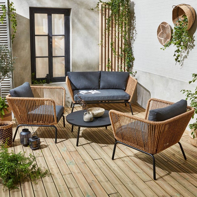 Salotto da giardino in resina intrecciata effetto rattan, posti