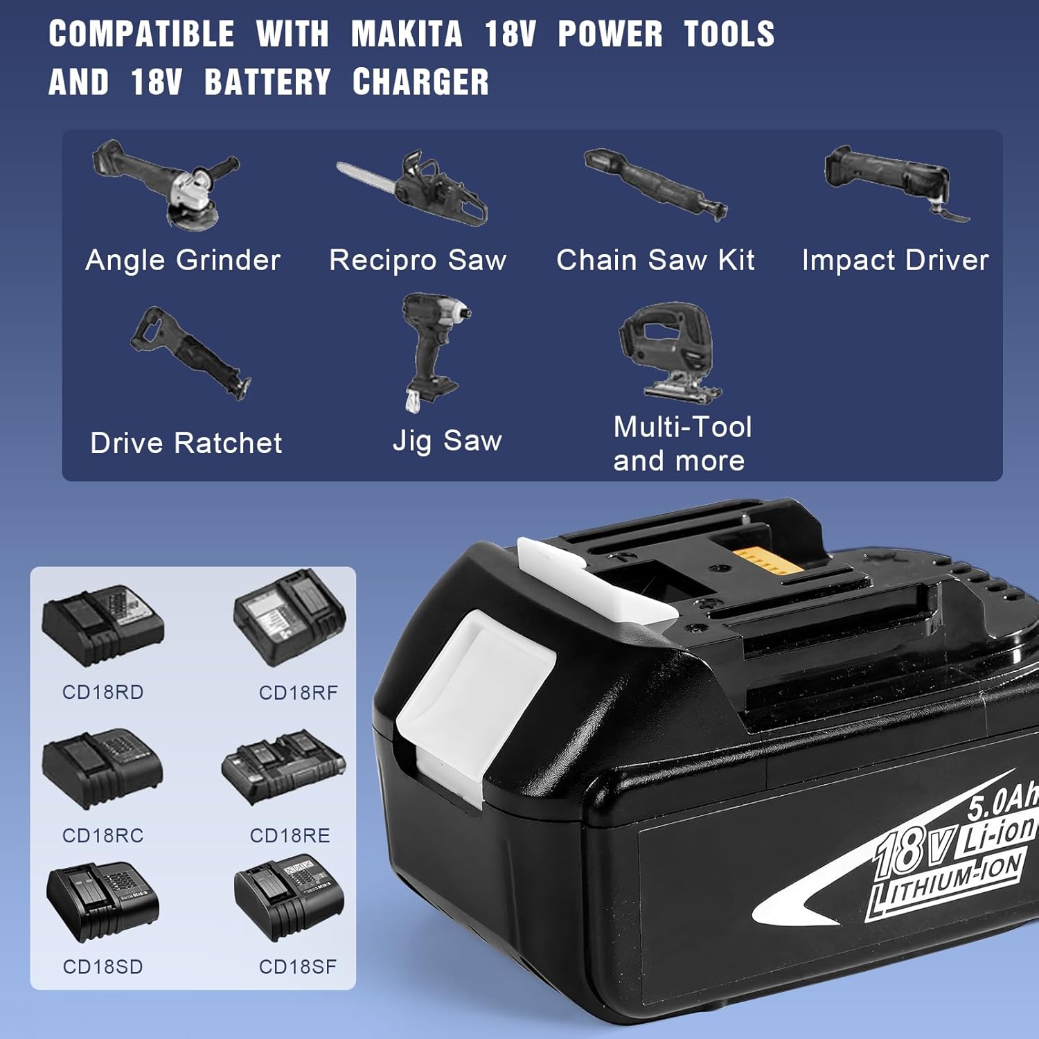 Batterie de Remplacement 5,0 Ah pour Makita 18V BL1860 BL1820 BL1830B BL1840B BL1850B BL1815B BL1835B LXT400 Li-ION LXT Batterie - 2