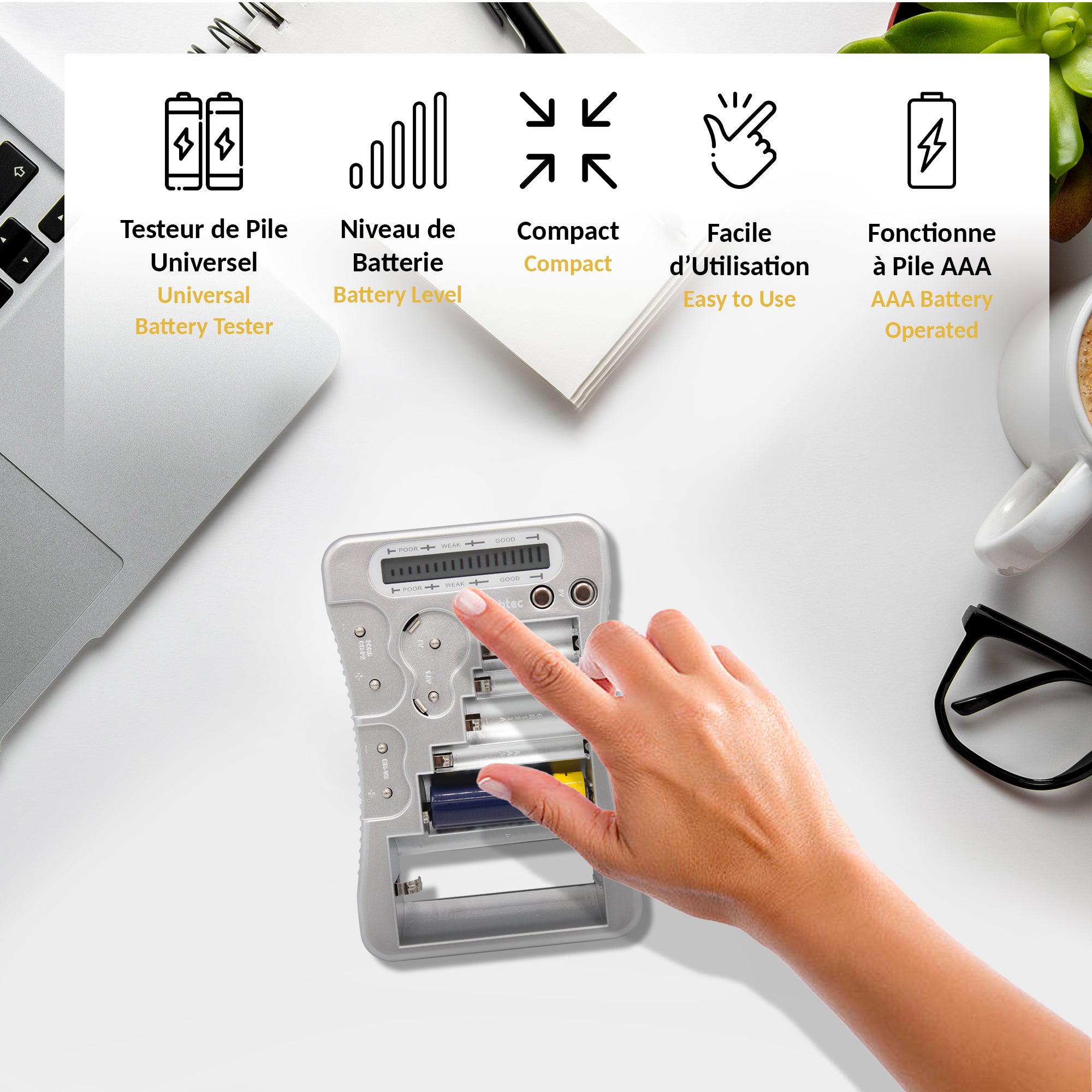 FISHTEC Tester di pile Universale, Visualizzazione digitale della tensione, Pile AA/LR6, AAA/LR3, C/LR14, D/LR20, 9V, Pile Bottone ALCALINE, Grigio - 3