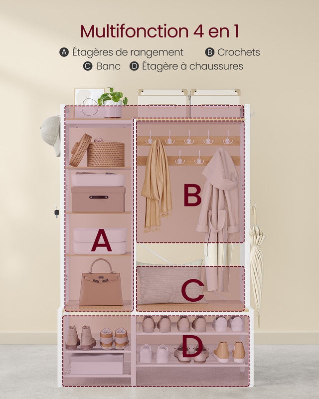 Porte-manteau, Meuble d’Entrée, 5 Étagères de Rangement, 9 Patères et 6 Crochets Latéraux, 40 x 120 x 190 cm, Doré Chêne et Blanc Nuage - 3