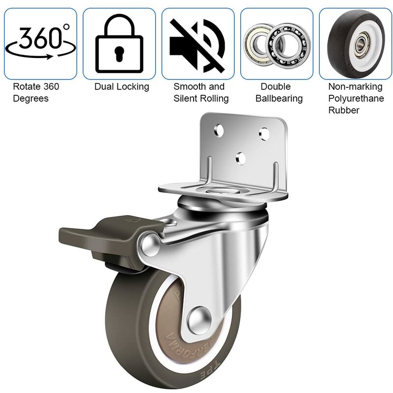 Zestaw 4 kółek obrotowych o średnicy 50 mm (2 z hamulcem, 2 bez hamulca), o udźwigu do 100 kg, typu L, z hamulcem i możliwością obrotu o 360°, dla ła - 5