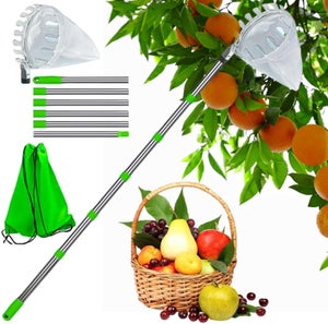 Recogedor De Frutas Telescópico De 2.2 M Con 5 Varillas De Acero Inoxidable Y Bolsa De Tela, Cabezal Giratorio De Múltiples ángulos, Ligero Y Fácil De Usar