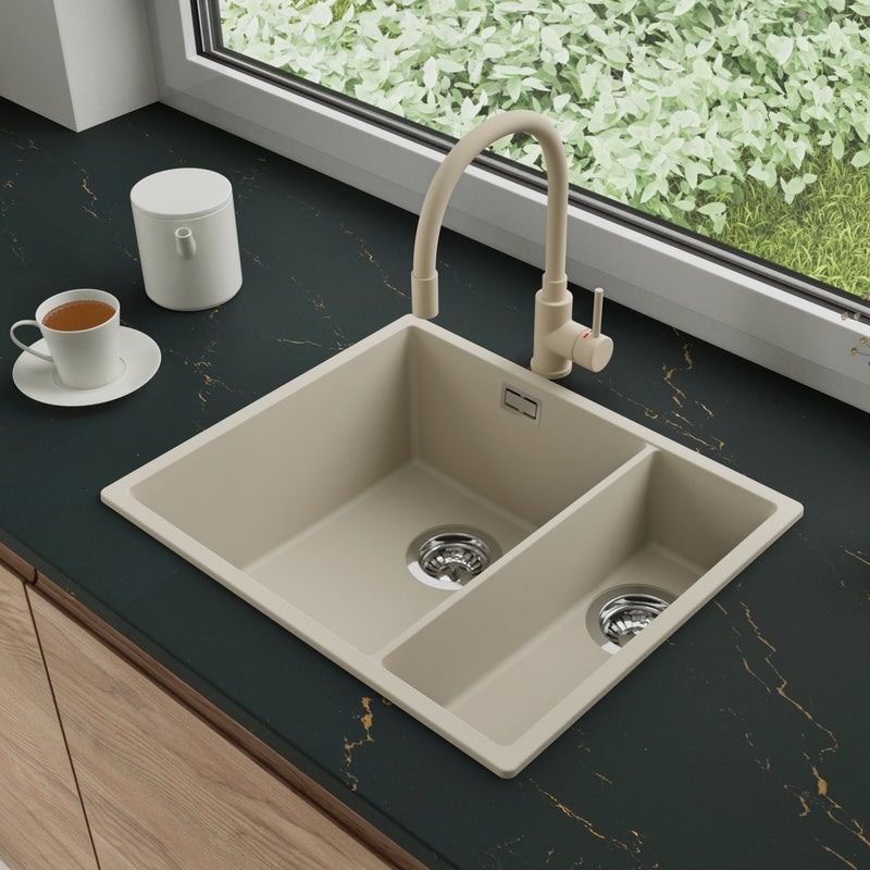 Zlewozmywak Granitowy 56x47cm, do szafki od 60cm + Bateria + Syfon - Agate Beżowy STONESTYLE